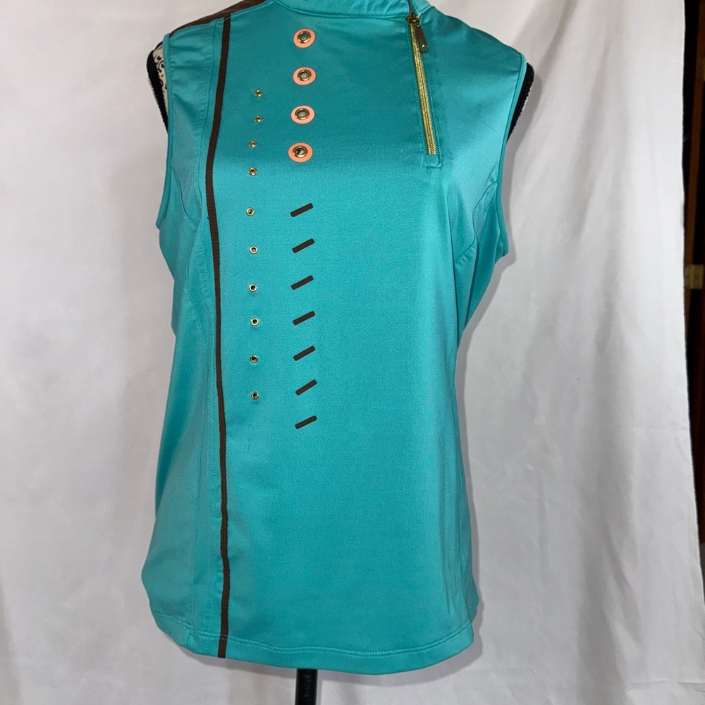 Jamie Sadock Turquoise Golf top with Gold and Black Details